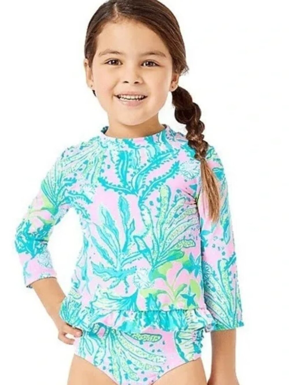 Lilly Pulitzer Girls' Pink & Teal Sea Print Retreat Long-Sleeve Rash Guard